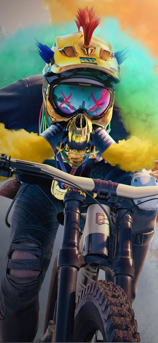 riders republic, video game, character, helmet, bicycle, smoke, colorful