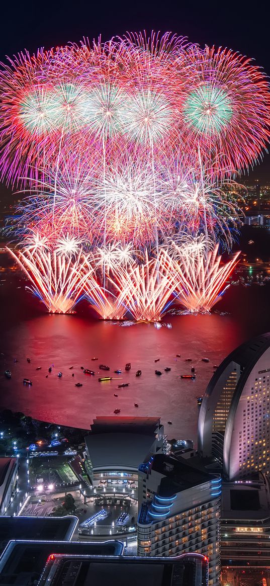 firework, city, japan, aerial view