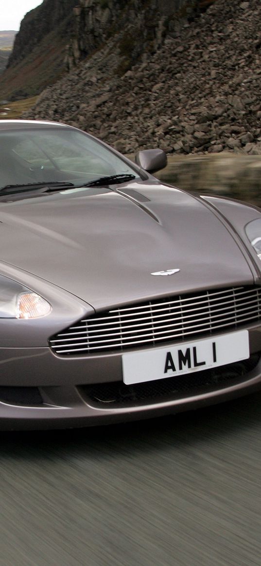 aston martin, db9, 2004, gray, front view, style, cars, speed, mountains, asphalt