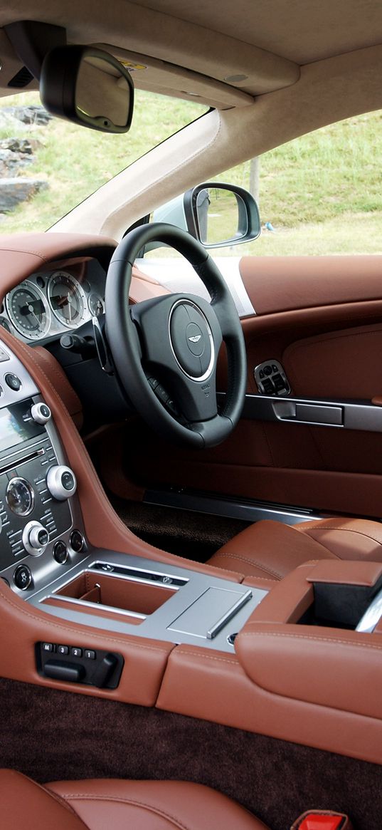 aston martin, db9, 2010, brown, salon, interior, steering wheel, speedometer, leather