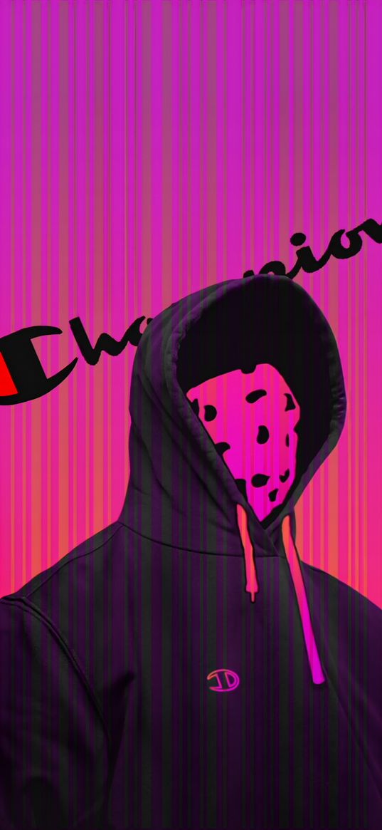 inscription, brand, silhouette, guy, hood, bright, pink