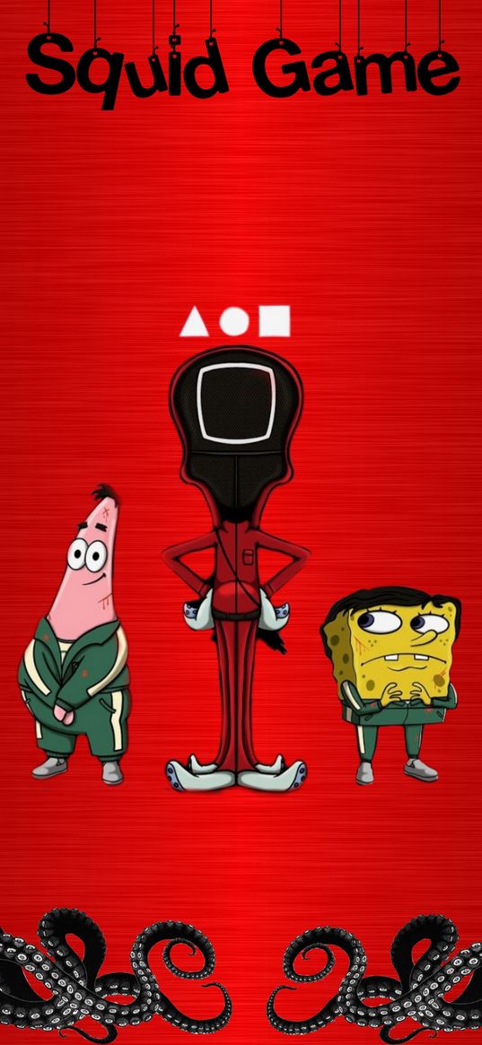 characters, squid game, spongebob, red background