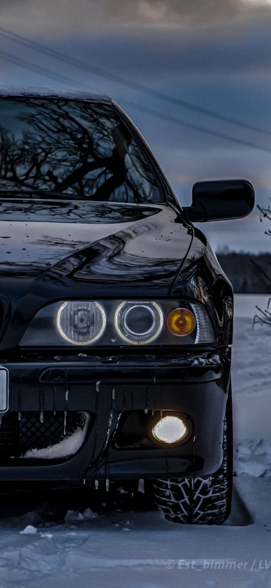 bmw e39, m5, bmw, car, winter, headlight, black