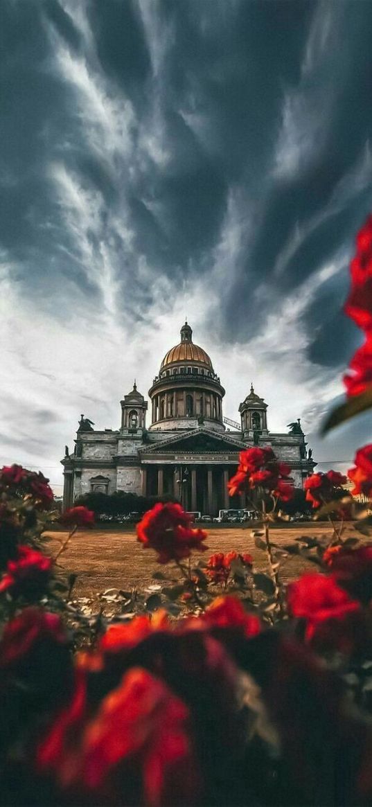 st. isaac's cathedral, temple, st. petersburg, landscape, flowers