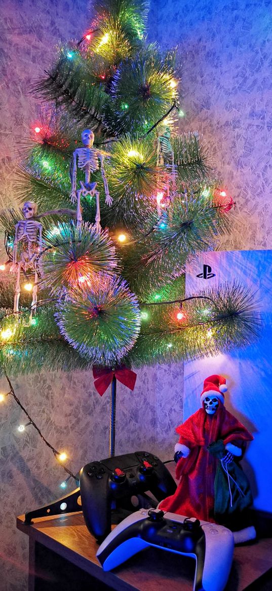 tree, garland, skeletons, decorations, new year