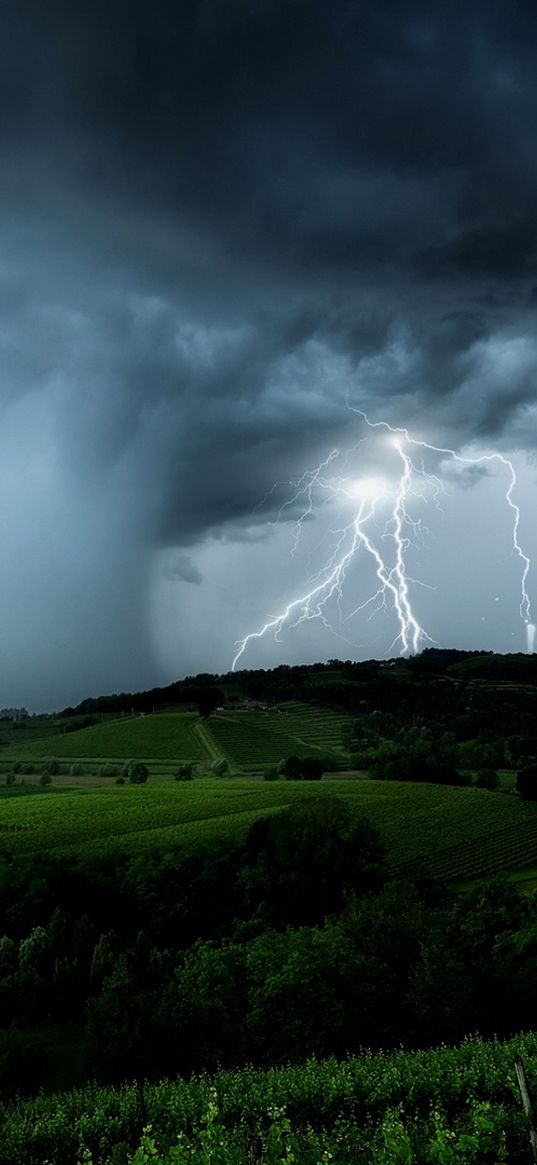 lightning, plantation, clouds, mountain