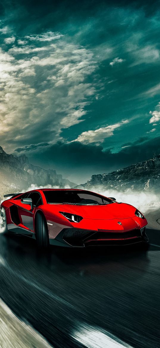 lamborghini aventador, lamborghini, auto, red auto, road, sky, motion, speed