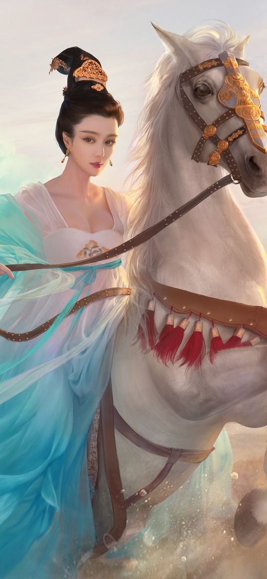 fantasy, girl, princess, horse, asian, art