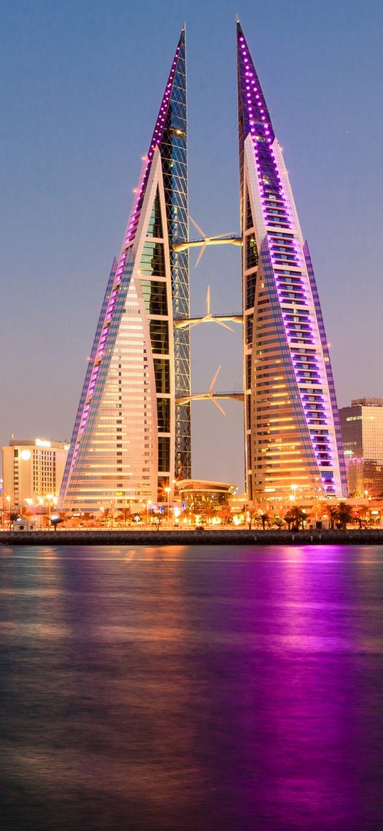 bahrain, manama, bahrain tower, city, evening, skyscrapers, lighting, neon