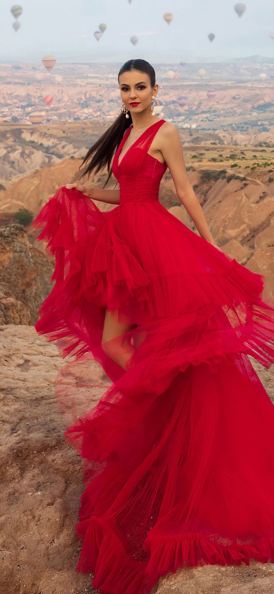 girl, model, red dress, landscape, mountains