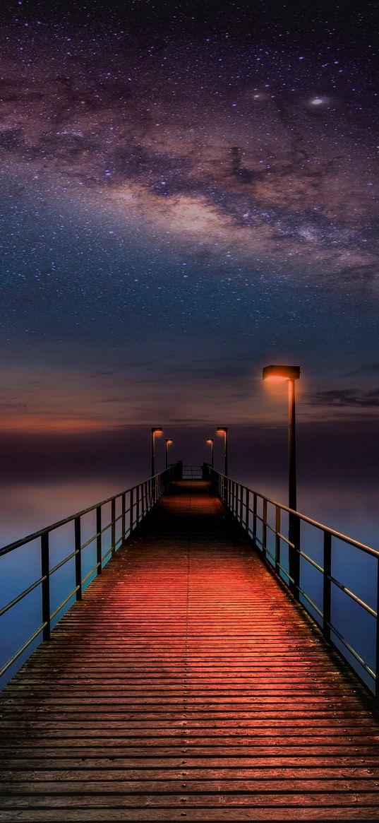 pier, jetty, lake, lantern, nebula, stars, space, night