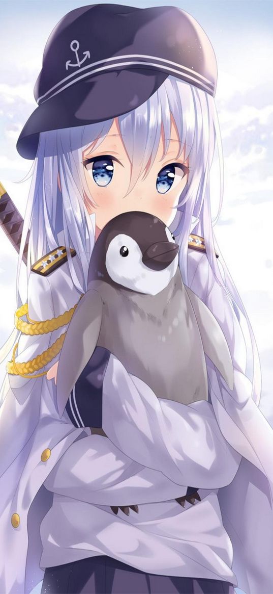 girl, sailor, blonde, katana, penguin, animals, cute, art, anime