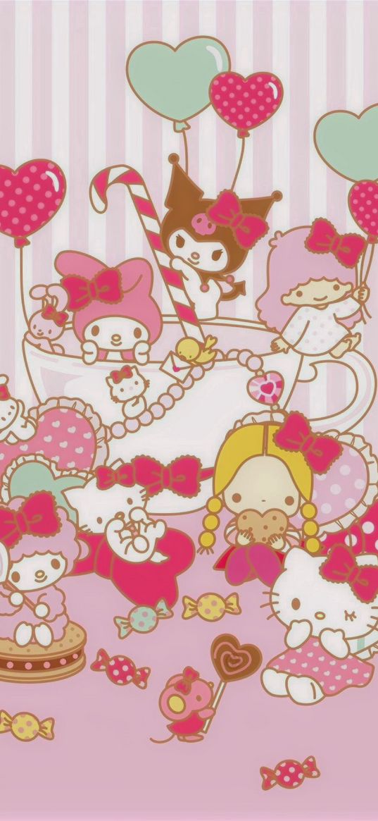 hello kitty, characters, baloons, candies, pink