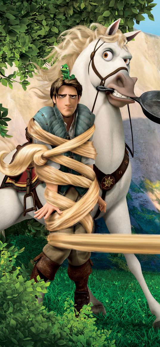 tangled, flynn rider, horse, hair, cartoon