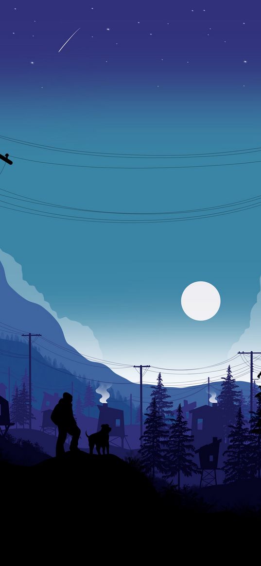 silhouettes, moon, mountains, night, vector, art