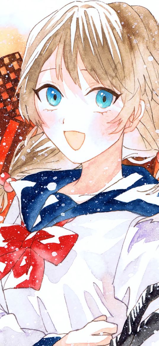 girl, smile, sailor suit, watercolor, anime