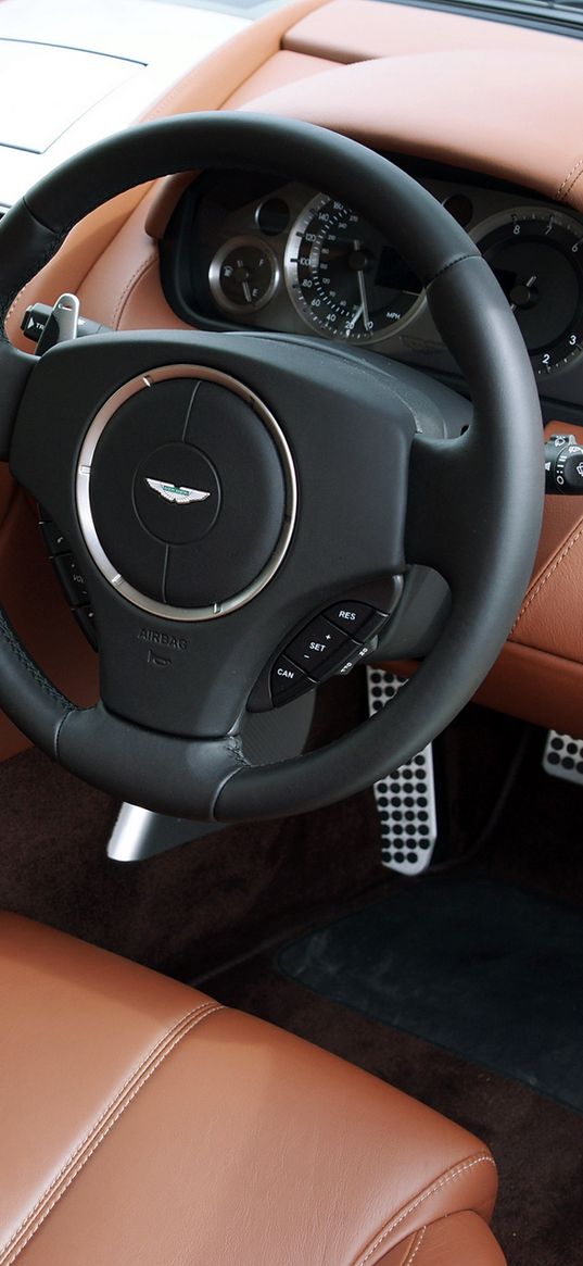 aston martin db9, 2010, brown, salon, leather, interior, steering wheel, speedometer