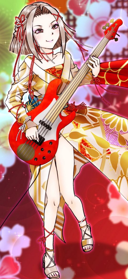 girl, kimono, bass guitar, guitar, anime