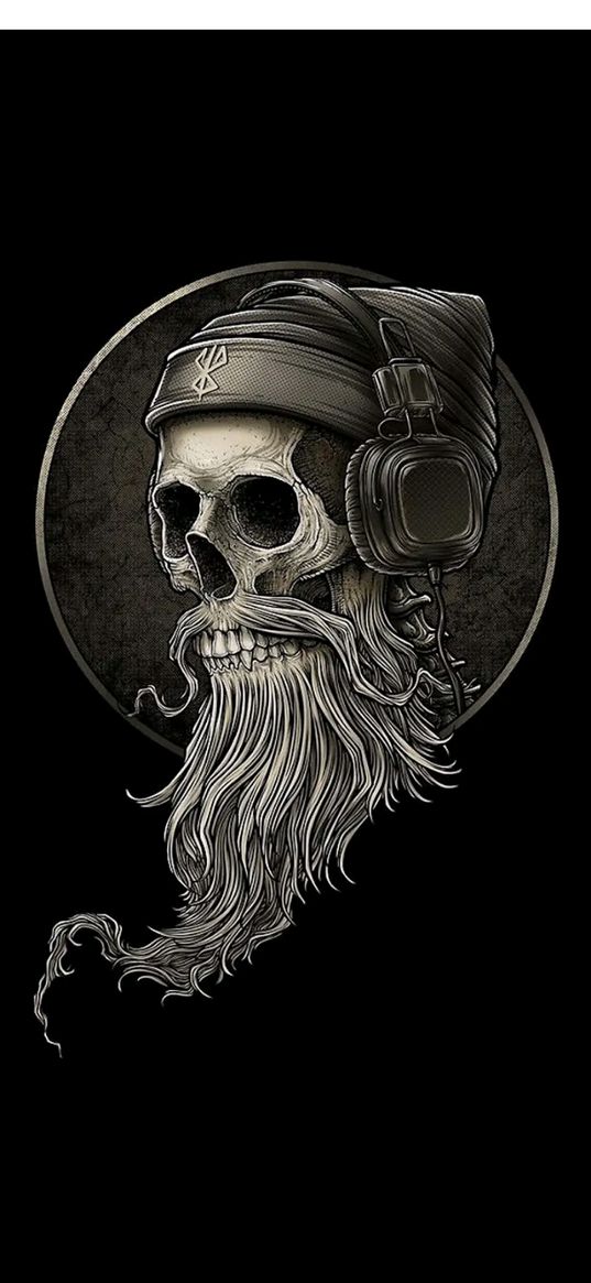 skull, headphones, beard, music, black