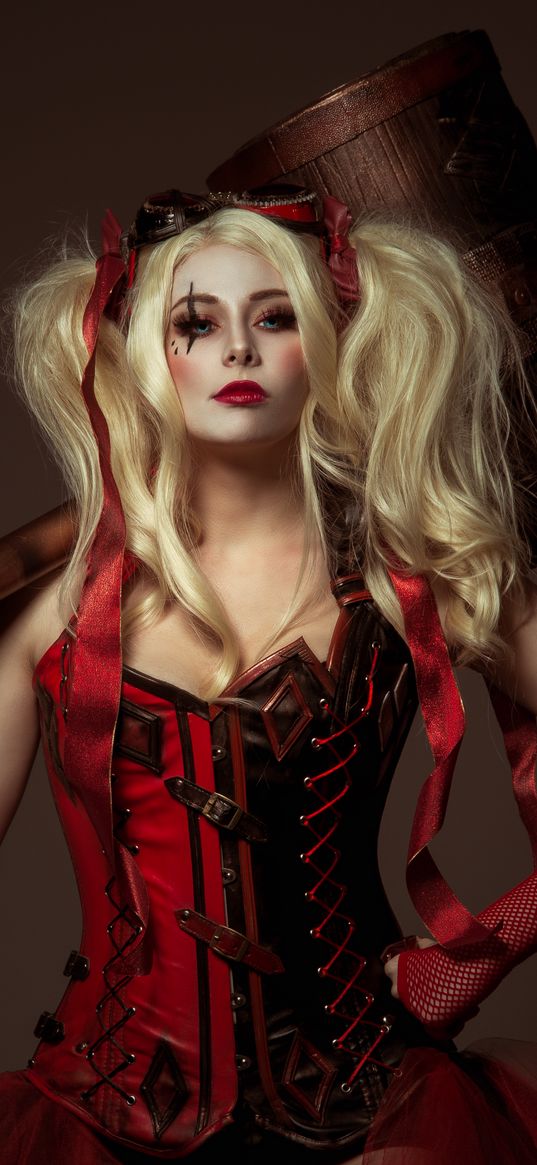 harley quinn, girl, blonde, glance, corset, cosplay