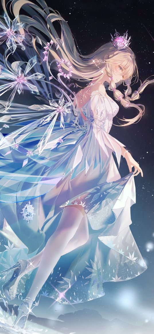 girl, anime, fantasy, white dress, starry sky