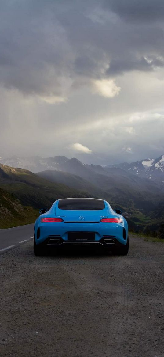 mercedes, sls, amg, car, road, rear view, blue, mountains