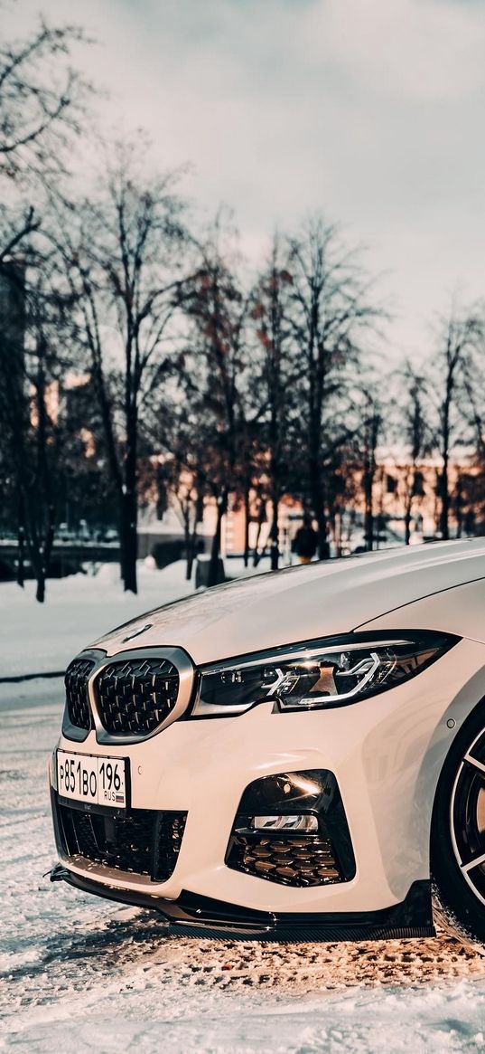 bmw m3, car, hood, white, snow, winter, trees