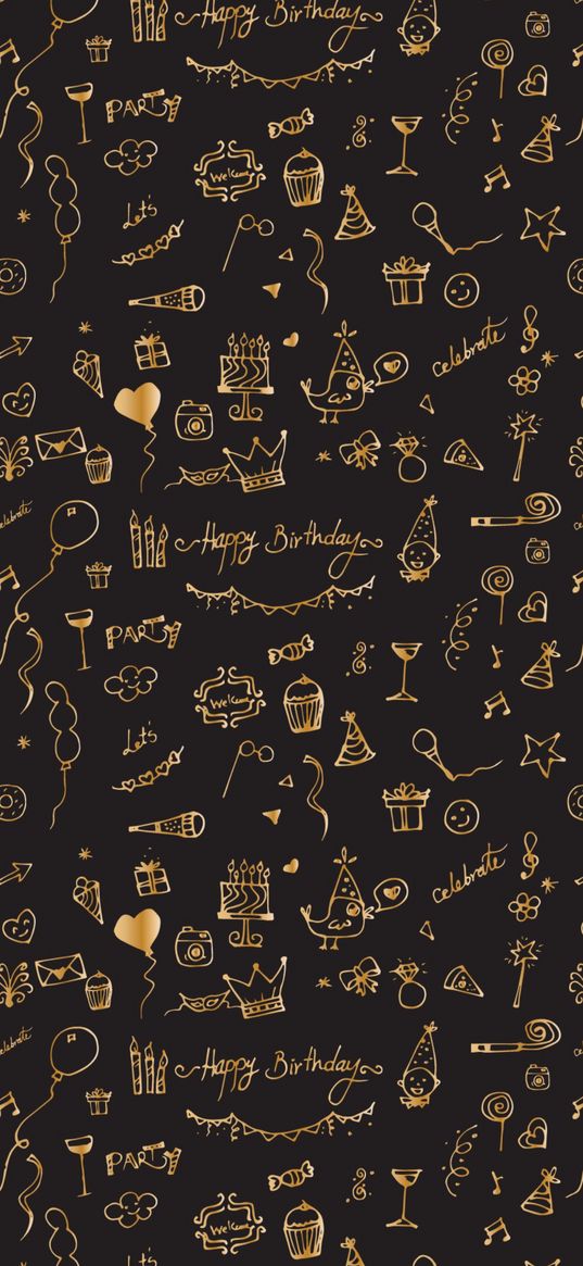 texture, birthday, decor, balls, words, ribbons, objects, gold, black background