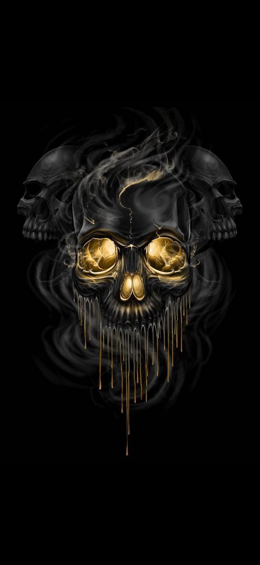 skull, gold, drops, smoke, black background