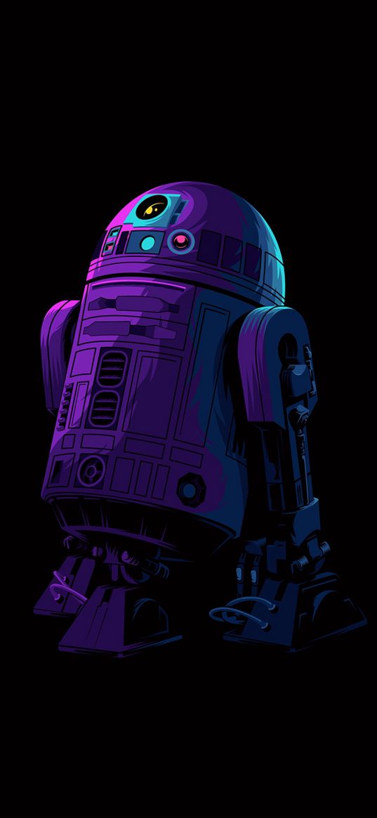 r2d2, star wars, droid, robot, film, art, neon, black background