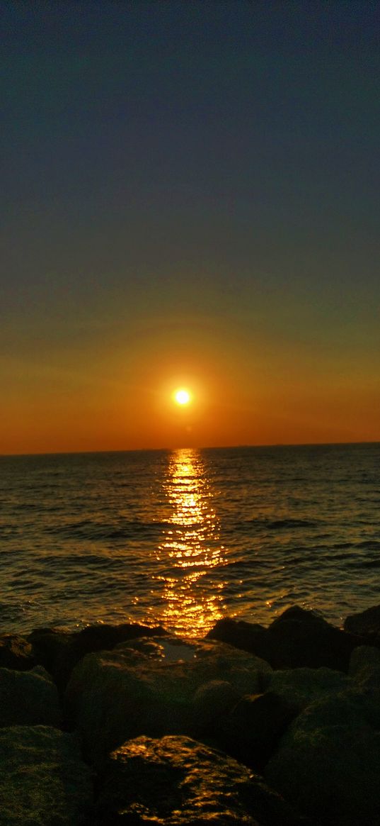 sunrise, sunset, waves, sea, stones, nature