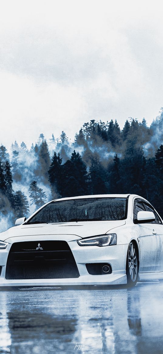 mitsubishi lanser, mitsubishi, auto, white auto, rain, fog, forest