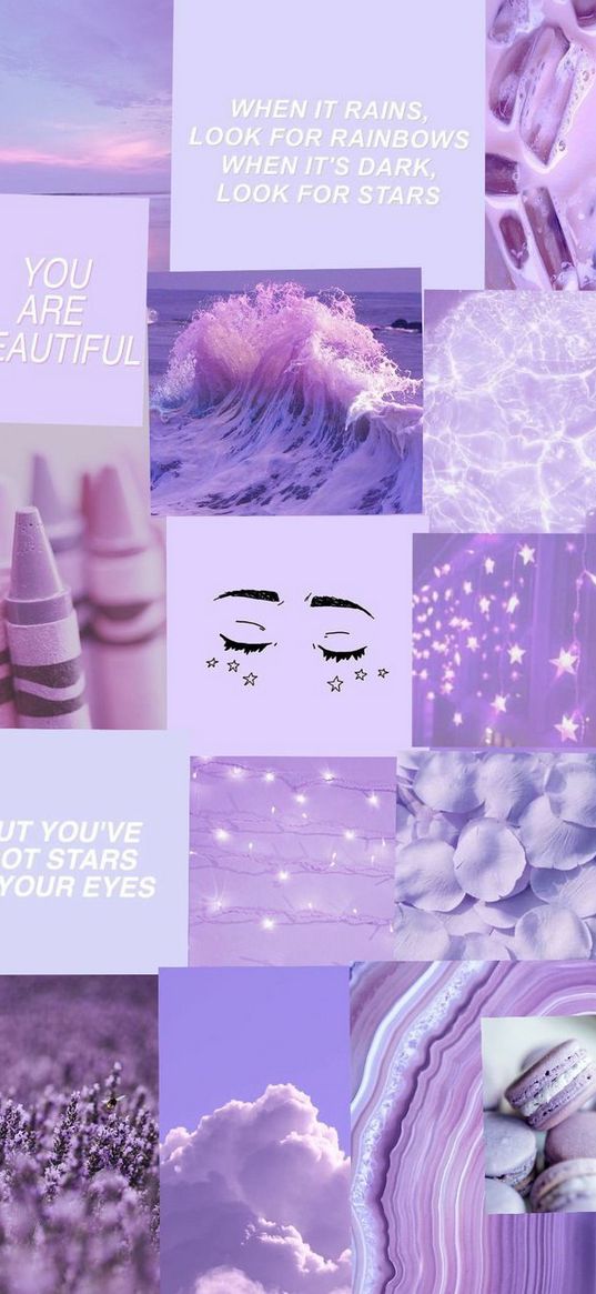 collage, lilac, purple, delicate, flowers, stars, light, waves, sweets, words