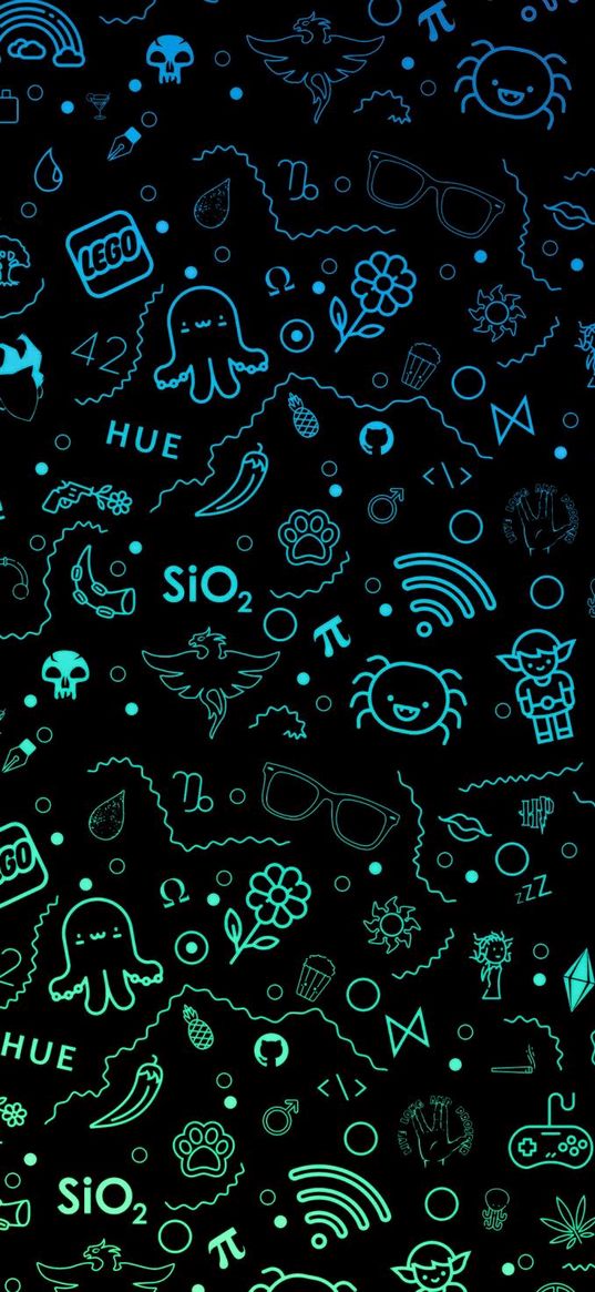 symbols, characters, icons, signs, letters, neon, gradient, black background