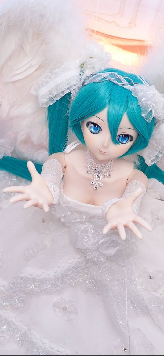 vocaloid, miku, doll, anime, girl, blue hair, hands, angel