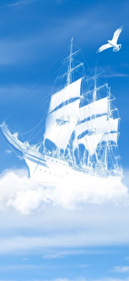 airship, ship, clouds, bird, sky, white, blue