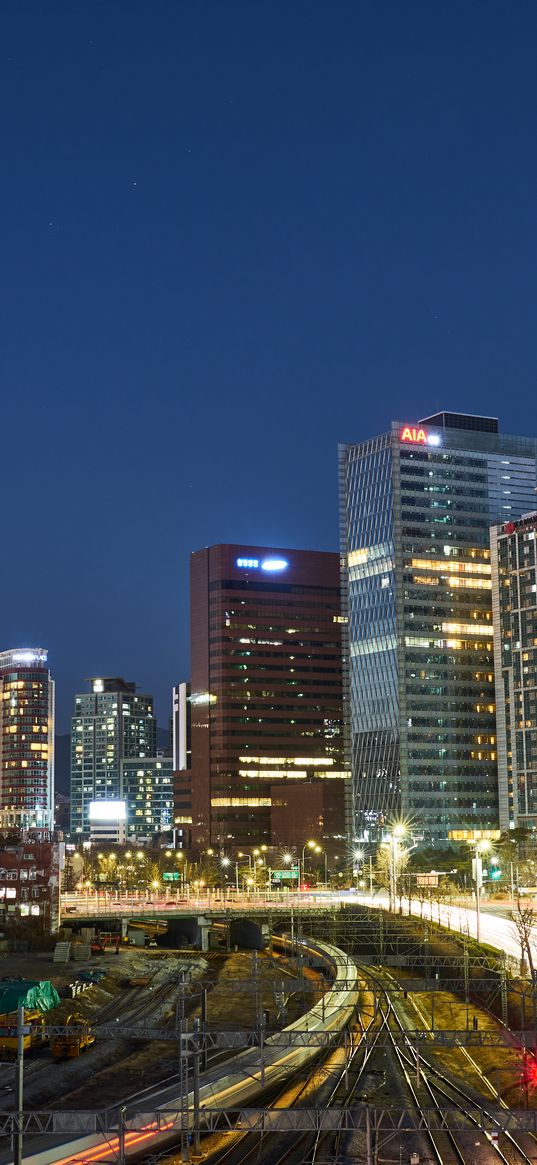 city, buildings, railroad, twilight