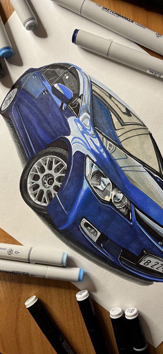 drawing, pens, honda, honda civic, auto, blue auto, art