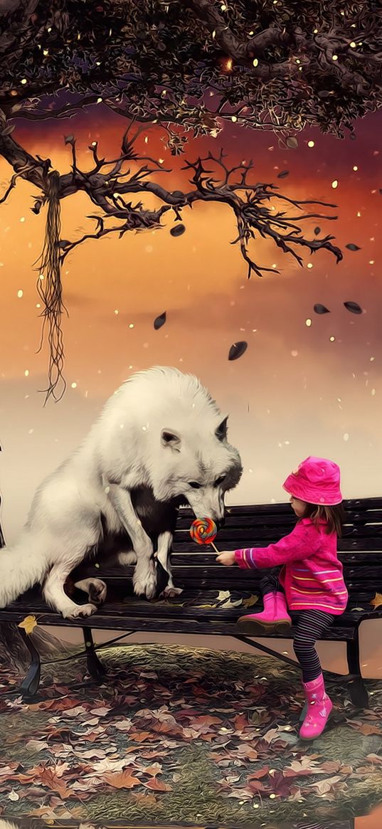 girl, child, wolf, candy, friend, good, bench, tree, leaves, autumn, art