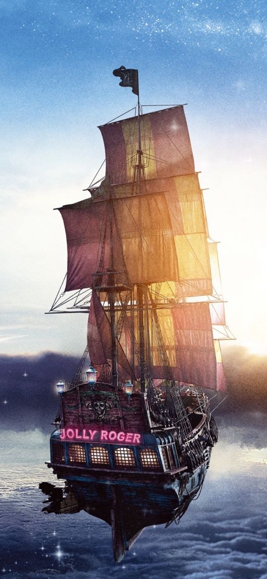 fantasy, ship, jolly roger, pirates, sea, waves, clouds