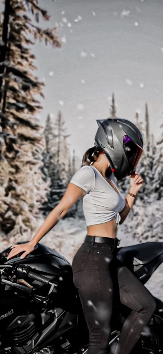 kawasaki, bike, moto, girl, helmet, winter