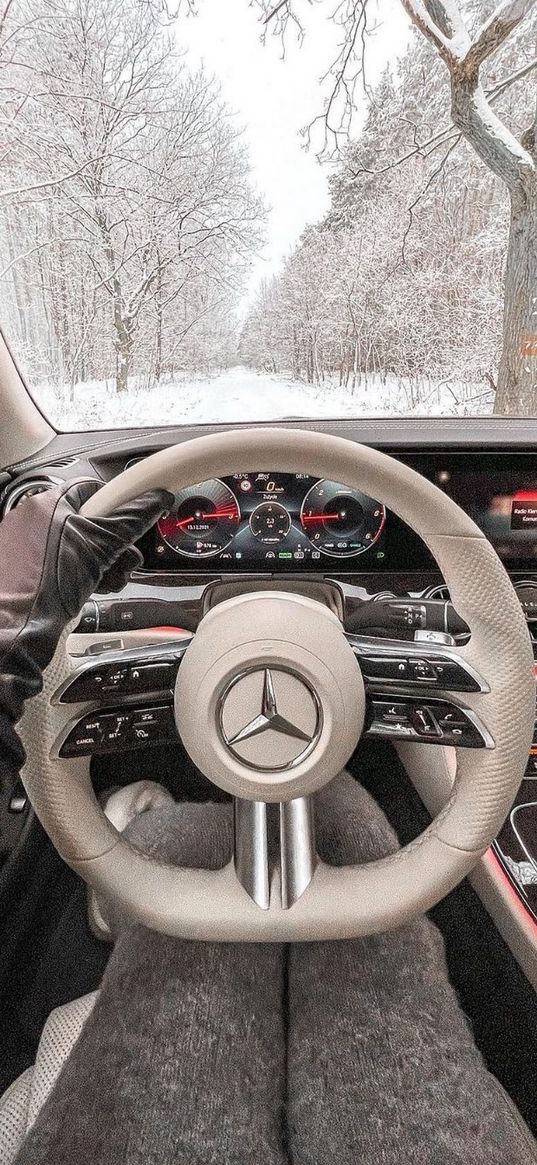 mercedes, mercedes-benz, steering wheel, car interior, snow, winter, driving