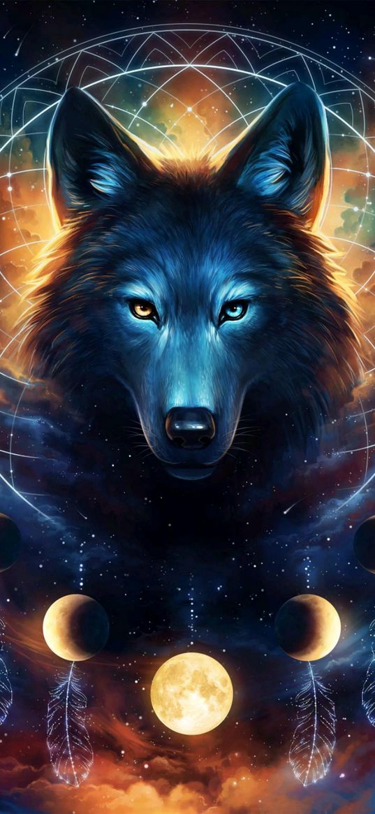 wolf, animal, one, moons, art, stars