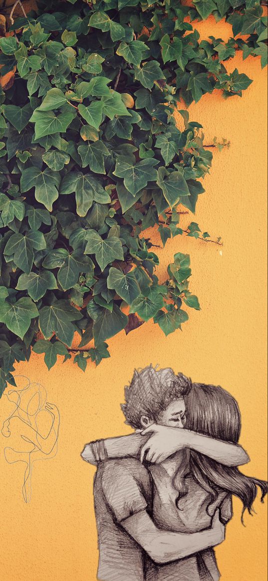 couple, love, hug, leaves, nature, yellow background, drawing, art