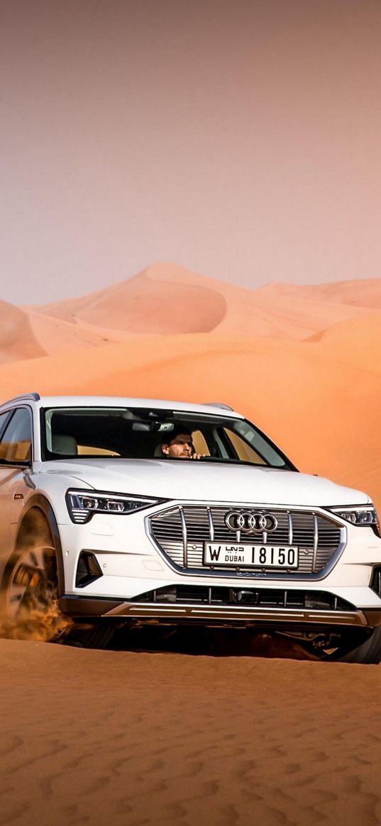 audi, audi e-tron, auto, white auto, desert, sand