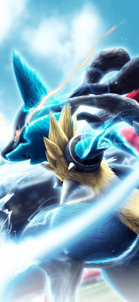 lucario, pokemon, anime, character, fox, light, lightning, art