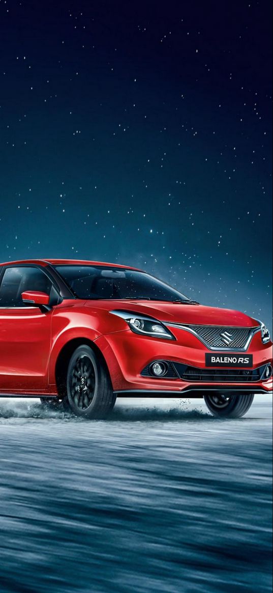 suzuki, suzuki baleno, auto, red auto, snow, night, stars