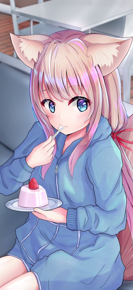 neko, ponytail, dessert, anime, art