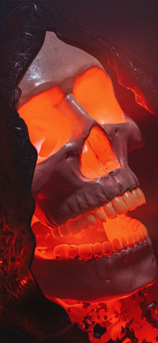 skull, glow, red, volume, art