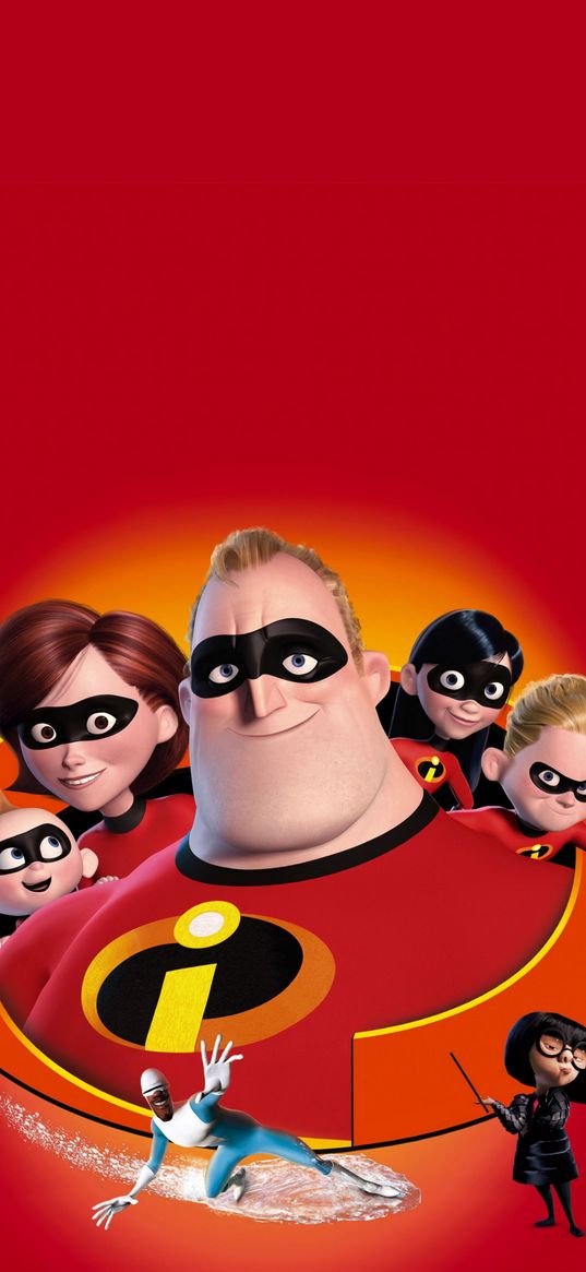 the incredibles, superheroes, cartoon, characters, red background, poster